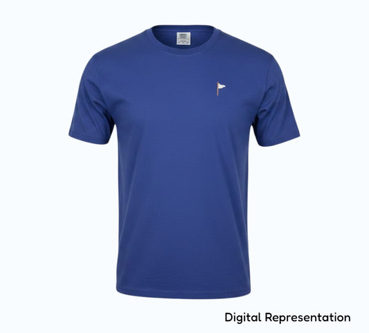 Moment Golf blue garment dyed cotton short sleeve t-shirt with embroidered quilted flag logo on the chest