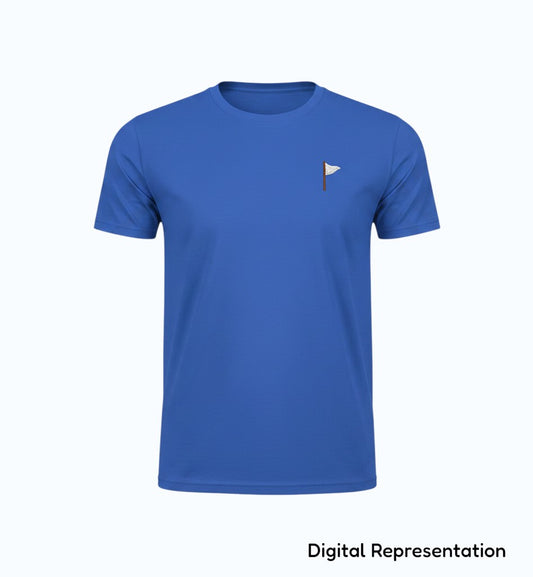 Moment Golf youth blue short sleeve t-shirt in 100% ringspun cotton with an embroidered quilted flag chest logo