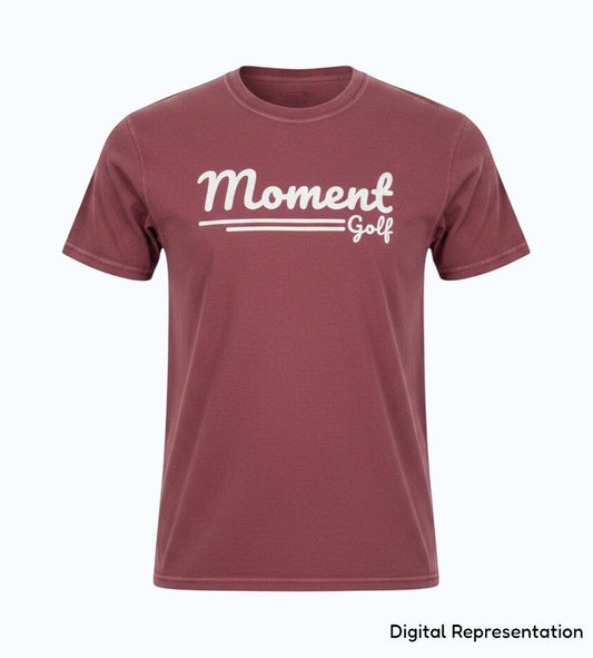 Moment Golf premium short sleeve t-shirt in garment-dyed burgundy cotton with white scripted logo screen print