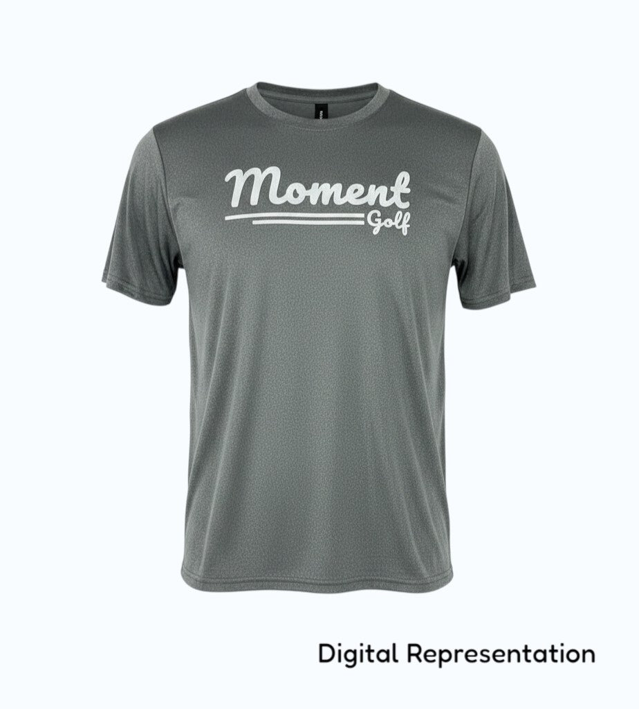 Moment Golf grey moisture-wicking performance t-shirt with white scripted logo on chest