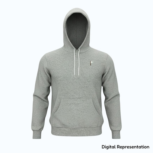 Moment Golf grey fleece hoodie with a small embroidered quilted flag logo on the chest and white drawstring cords.