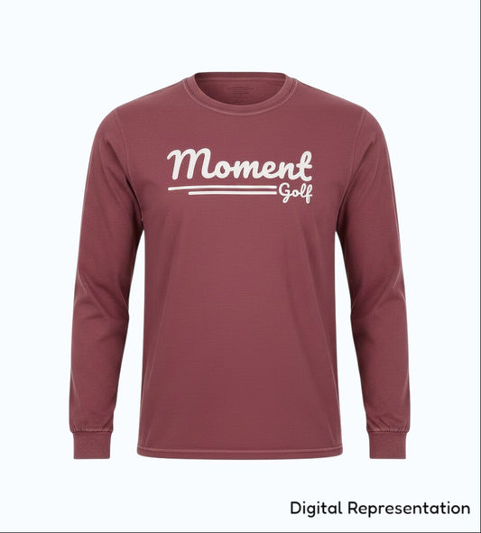 Moment Golf premium long sleeve t-shirt in garment-dyed maroon cotton with a white scripted logo on the chest