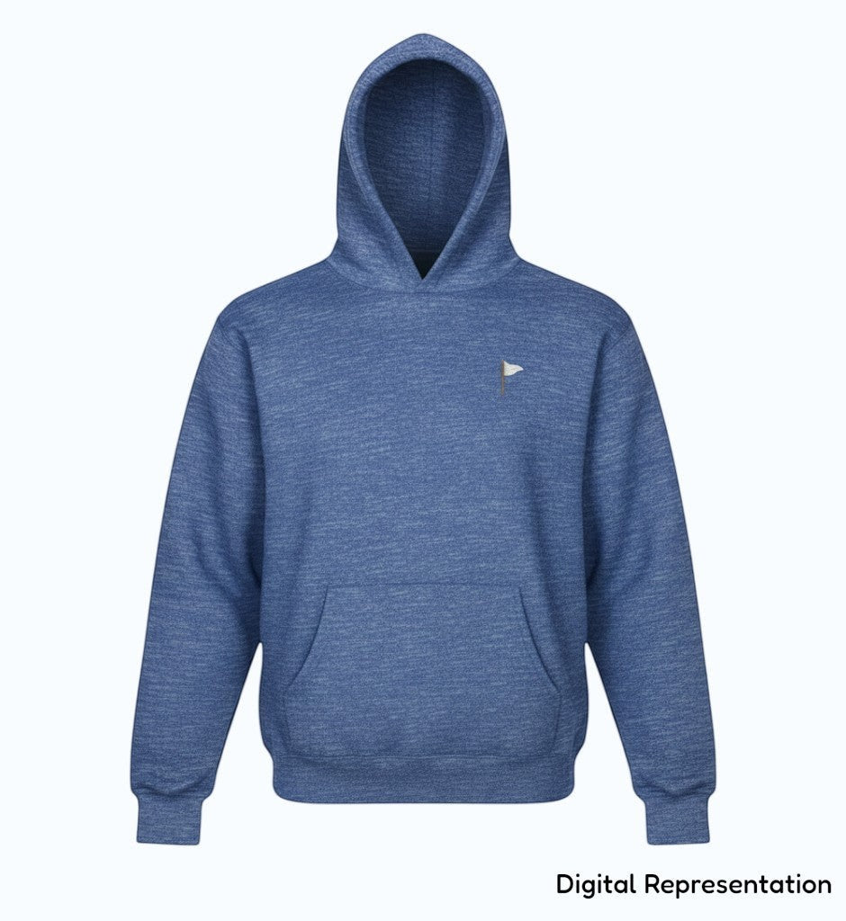 Moment Golf youth blue heathered fleece pullover hoodie with embroidered flag logo on chest