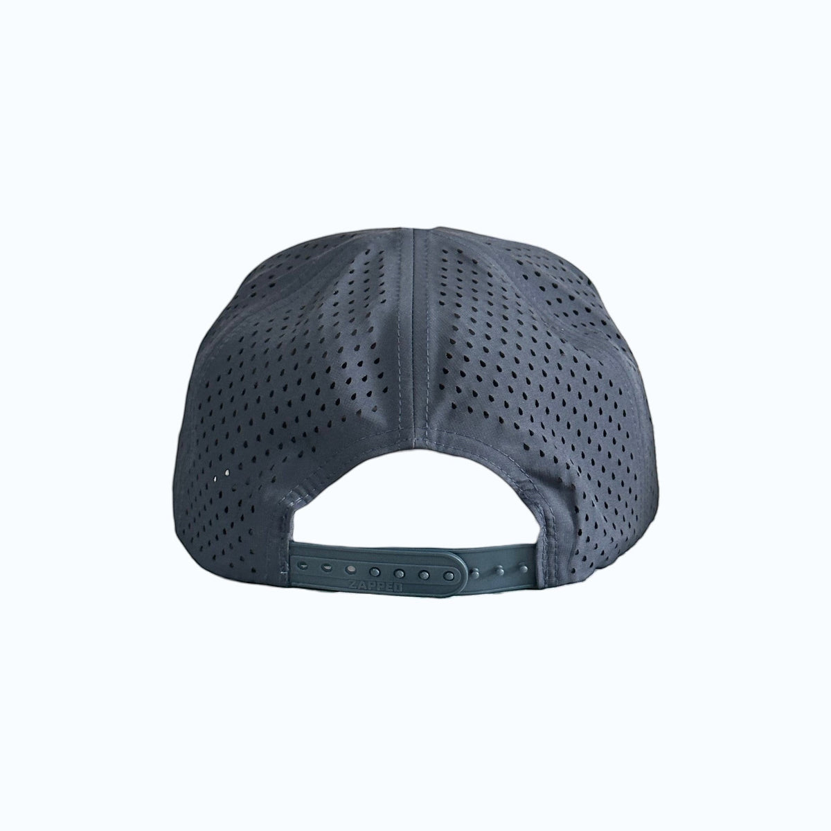 Moment Golf navy blue 5-panel performance hat with laser-perforated side panels and snapback closure