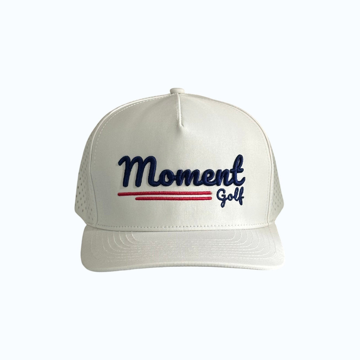 Moment Golf white 5-panel performance hat with laser-perforated side panels and embroidered script logo
