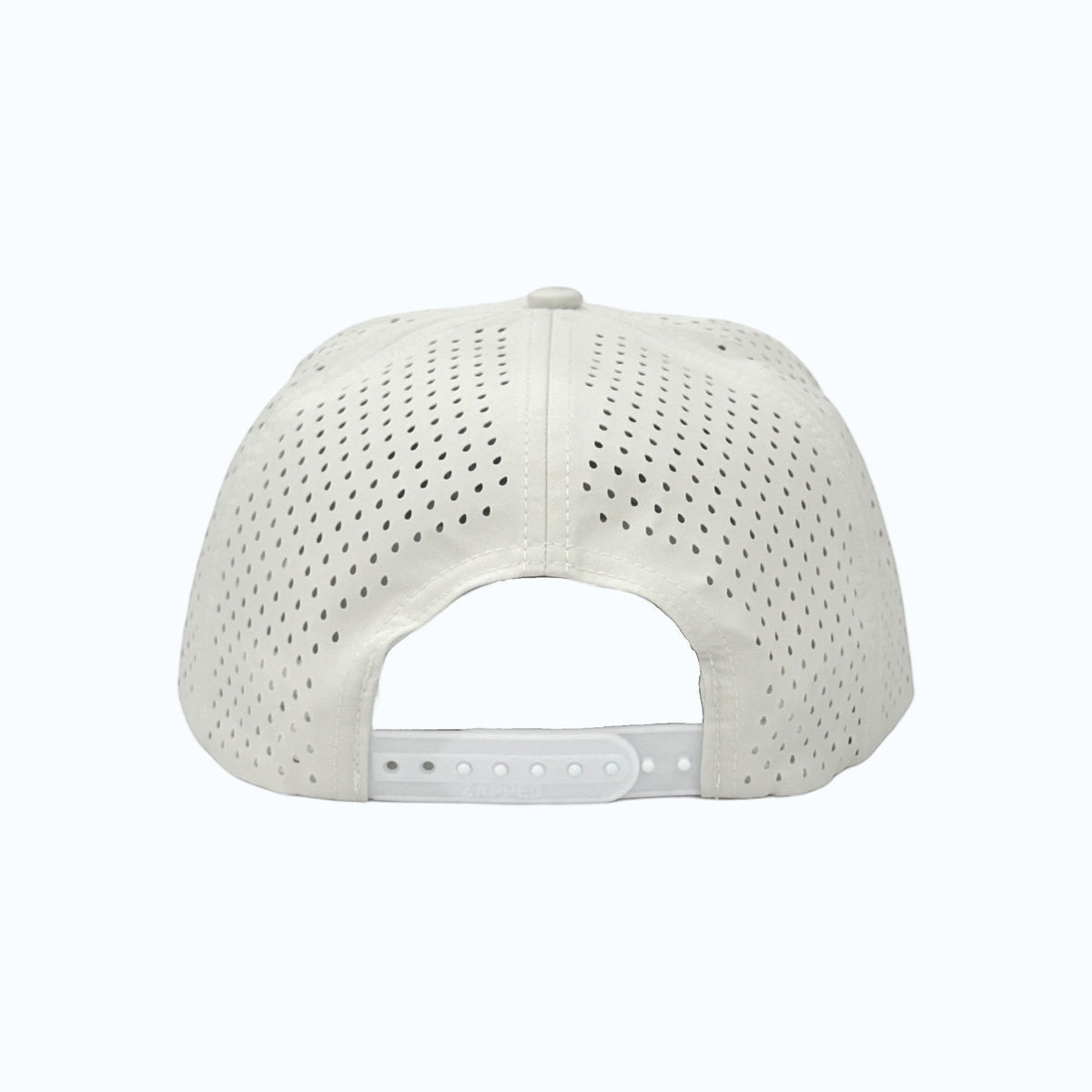 Moment Golf white 5-panel performance hat with laser-perforated side panels and snapback closure