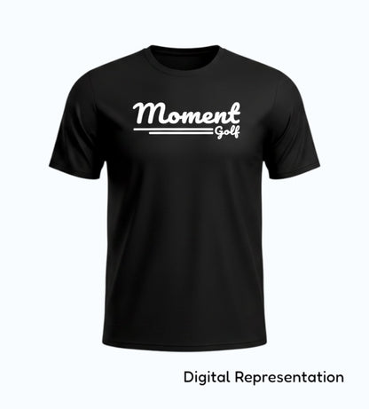 Moment Golf black performance short sleeve t-shirt with white scripted logo and moisture-wicking polyester fabric