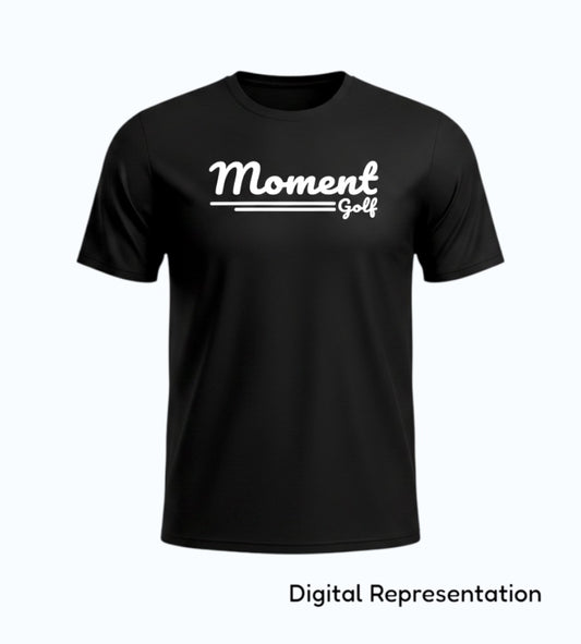 Moment Golf black performance short sleeve t-shirt with white scripted logo and moisture-wicking polyester fabric