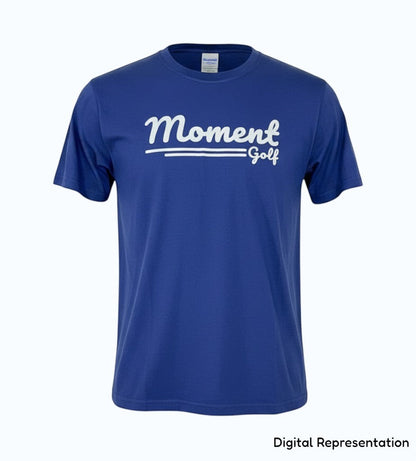 Moment Golf premium blue garment-dyed cotton t-shirt with white scripted logo on the chest