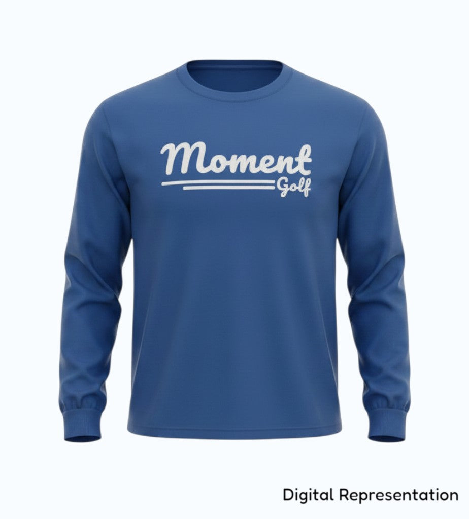 Moment Golf blue long sleeve premium cotton t-shirt with white scripted logo on the chest