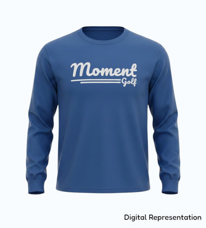Moment Golf blue long sleeve premium cotton t-shirt with white scripted logo on the chest