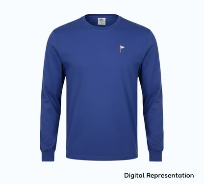 Moment Golf blue long sleeve cotton t-shirt with an embroidered quilted flag logo on the chest.
