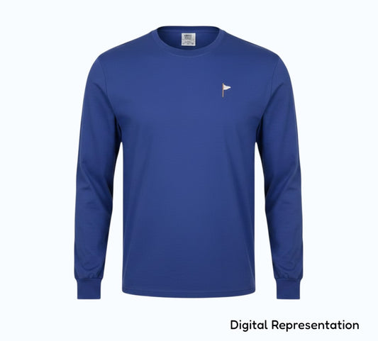 Moment Golf blue long sleeve cotton t-shirt with an embroidered quilted flag logo on the chest.