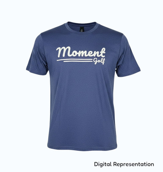 Moment Golf youth performance t-shirt in blue moisture-wicking polyester with a white scripted logo print
