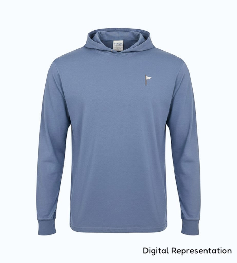 Moment Golf blue lightweight cotton hooded pullover with an embroidered quilted flag logo on the chest