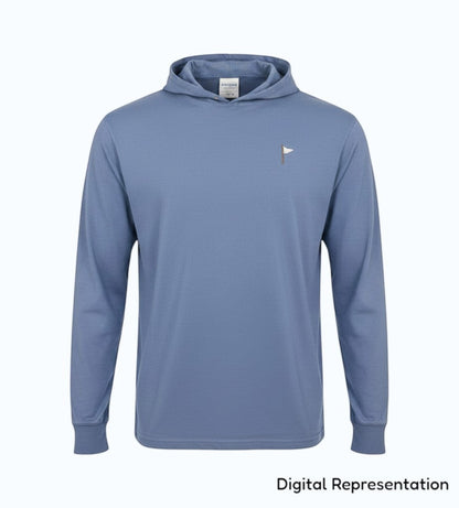 Moment Golf blue lightweight cotton hooded pullover with an embroidered quilted flag logo on the chest