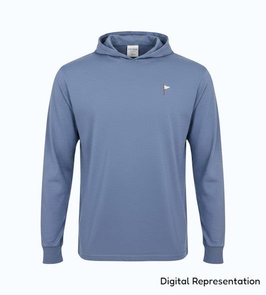 Moment Golf blue lightweight cotton hooded pullover with an embroidered quilted flag logo on the chest