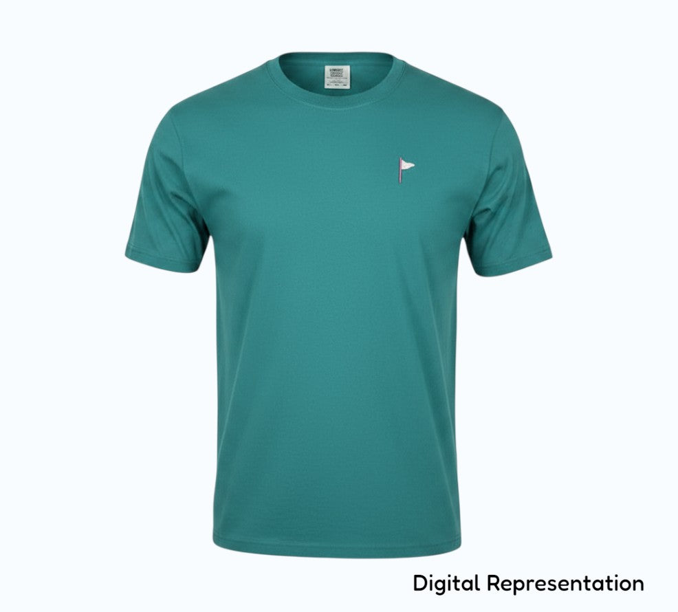Moment Golf blue garment dyed cotton short sleeve t-shirt with an embroidered quilted flag logo on the chest
