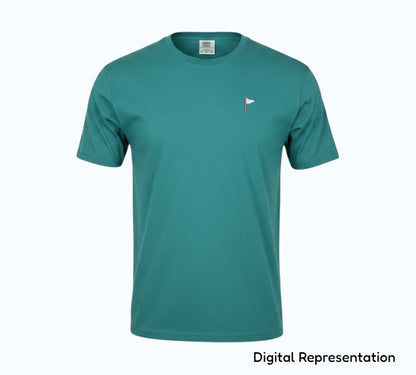 Moment Golf blue garment dyed cotton short sleeve t-shirt with an embroidered quilted flag logo on the chest