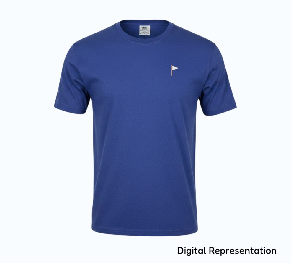 Moment Golf blue garment dyed cotton short sleeve t-shirt with embroidered quilted flag logo on the chest
