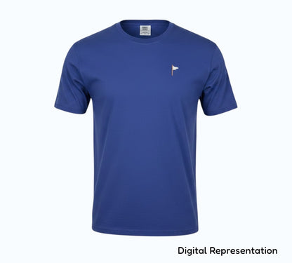 Moment Golf blue garment dyed cotton short sleeve t-shirt with embroidered quilted flag logo on the chest