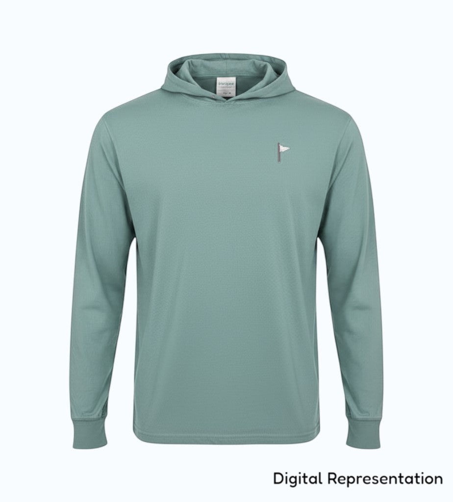 Moment Golf blue lightweight cotton hooded pullover with an embroidered quilted flag logo on the chest