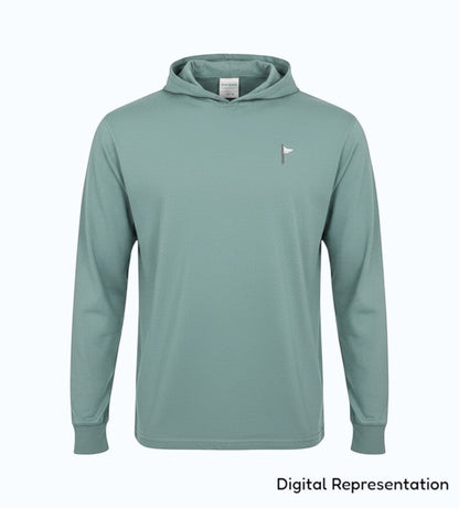 Moment Golf blue lightweight cotton hooded pullover with an embroidered quilted flag logo on the chest