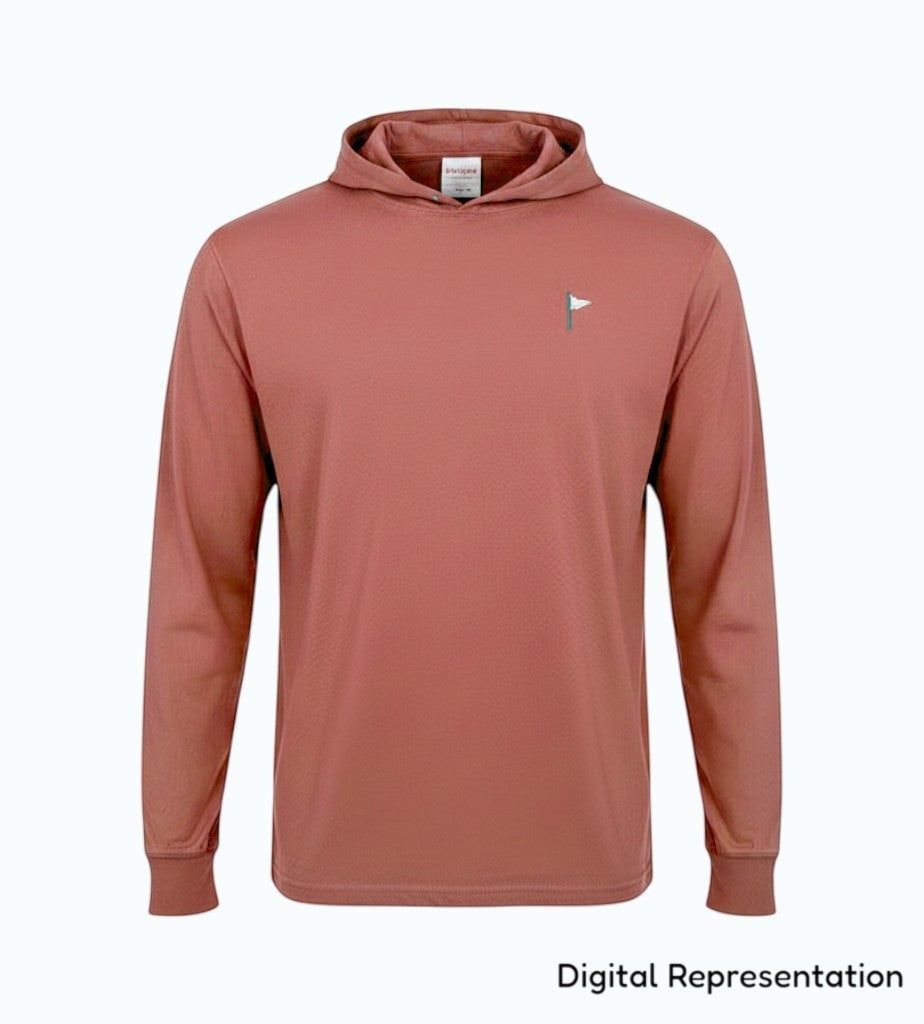 Moment Golf blue lightweight cotton hooded pullover with an embroidered quilted flag logo on the chest