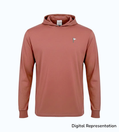 Moment Golf blue lightweight cotton hooded pullover with an embroidered quilted flag logo on the chest
