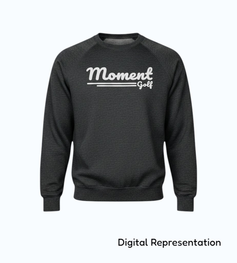 Moment Golf charcoal grey crew neck sweatshirt with raglan sleeves and a white vintage script logo on the chest.