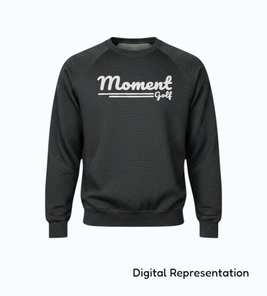 Moment Golf charcoal grey crew neck sweatshirt with raglan sleeves and a white vintage script logo on the chest.