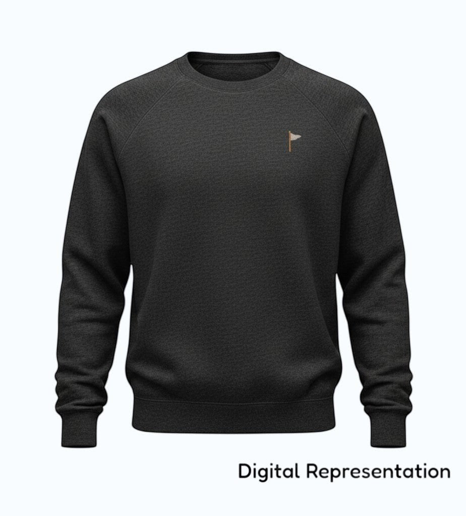 Moment Golf charcoal grey crew neck sweatshirt with raglan sleeves and an embroidered quilted flag logo on the chest.