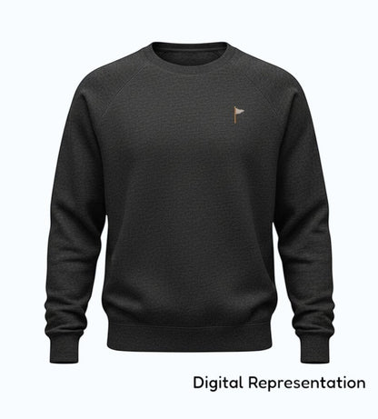 Moment Golf charcoal grey crew neck sweatshirt with raglan sleeves and an embroidered quilted flag logo on the chest.
