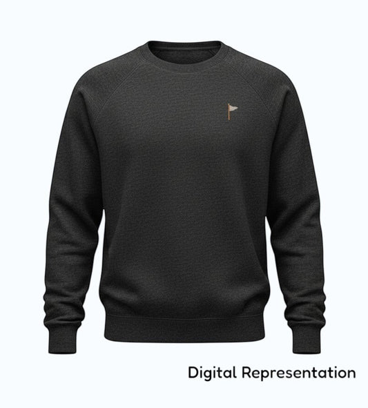 Moment Golf charcoal grey crew neck sweatshirt with raglan sleeves and an embroidered quilted flag logo on the chest.