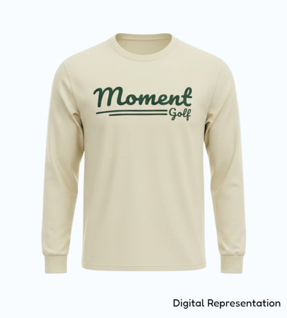 Moment Golf premium long sleeve t-shirt in cream cotton with a forest green scripted logo on the chest
