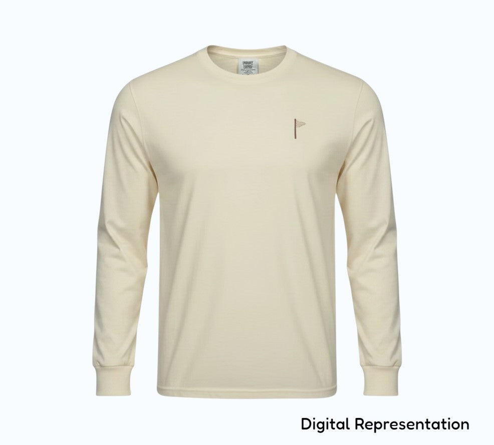 Moment Golf cream long sleeve t-shirt in 100% ringspun cotton with an embroidered quilted flag logo on the chest.