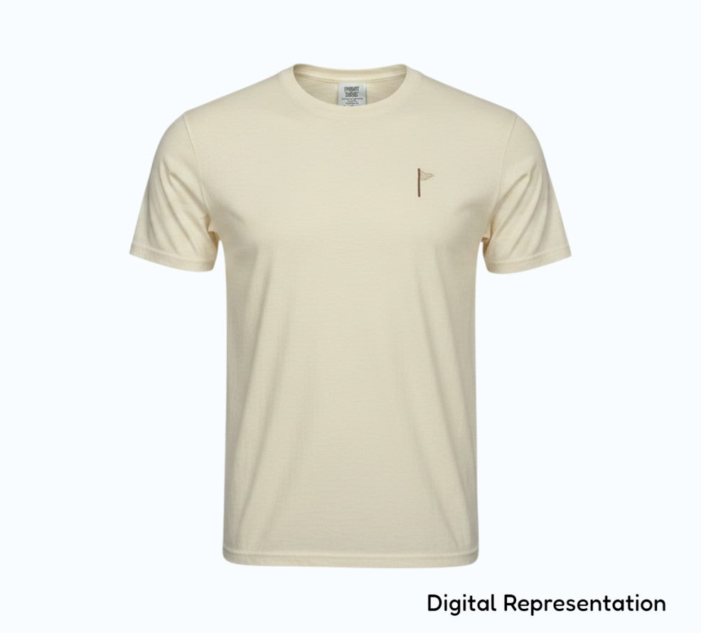 Moment Golf cream short sleeve t-shirt in 100% ringspun cotton with an embroidered quilted flag logo on the chest.