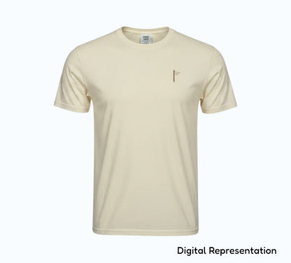 Moment Golf cream short sleeve t-shirt in 100% ringspun cotton with an embroidered quilted flag logo on the chest.