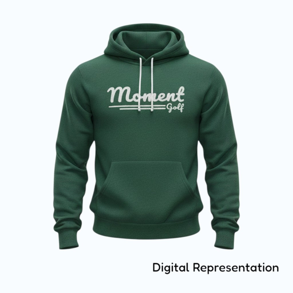 Moment Golf premium fleece hoodie in forest green with a white scripted logo and white drawstring cords.