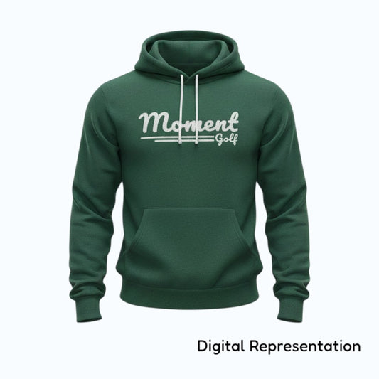 Moment Golf premium fleece hoodie in forest green with a white scripted logo and white drawstring cords.