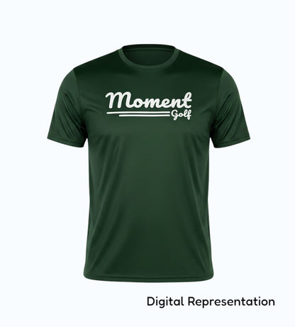 Moment Golf dark green moisture-wicking performance t-shirt with white scripted logo on chest