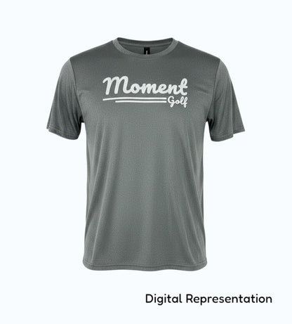 Moment Golf grey moisture-wicking performance t-shirt with white scripted logo on chest