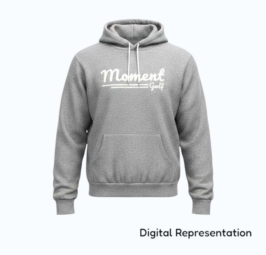 Moment Golf grey premium fleece hoodie with white scripted logo and drawstring hood in a relaxed fit