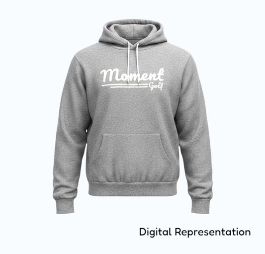 Moment Golf grey premium fleece hoodie with white scripted logo and drawstring hood in a relaxed fit