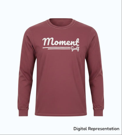 Moment Golf premium long sleeve t-shirt in garment-dyed maroon cotton with a white scripted logo on the chest