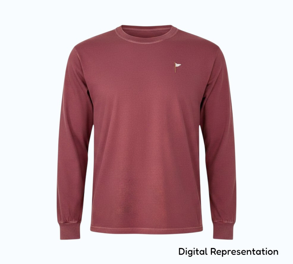 Moment Golf long sleeve t-shirt in vintage maroon cotton with an embroidered quilted flag logo on the chest.