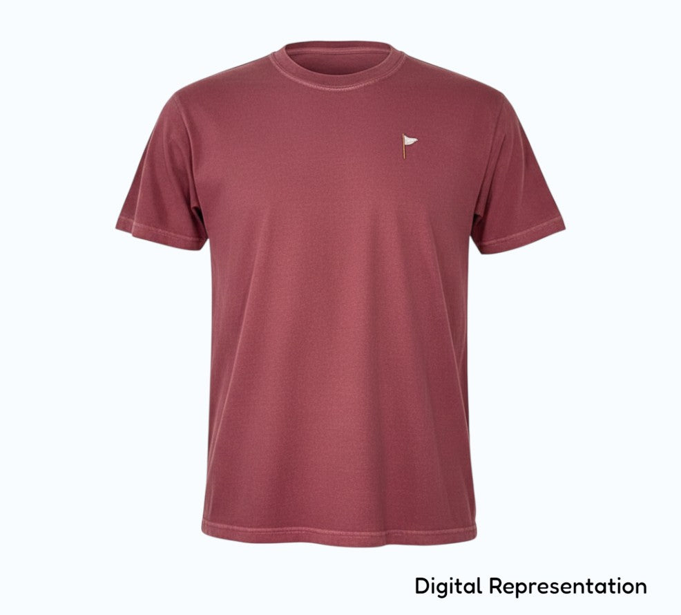 Moment Golf premium short sleeve t-shirt in garment-dyed maroon cotton with an embroidered quilted flag chest logo.