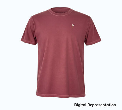 Moment Golf premium short sleeve t-shirt in garment-dyed maroon cotton with an embroidered quilted flag chest logo.