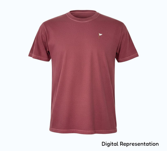 Moment Golf premium short sleeve t-shirt in garment-dyed maroon cotton with an embroidered quilted flag chest logo.