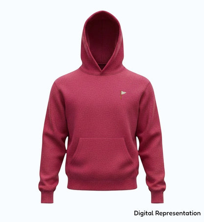Moment Golf youth pullover hoodie in maroon fleece with a small embroidered quilted flag logo on the chest